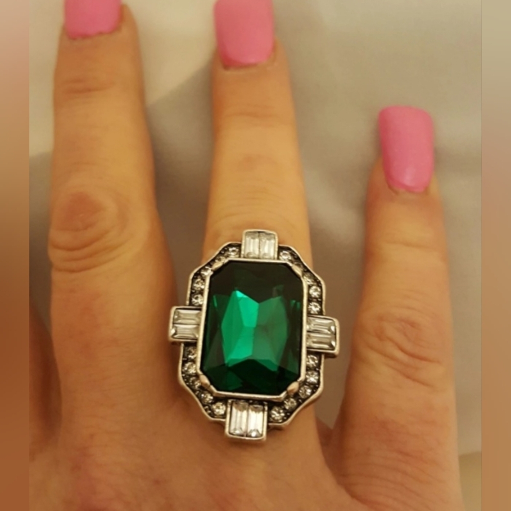 Emerald Green Silver-Tone Statement Ring